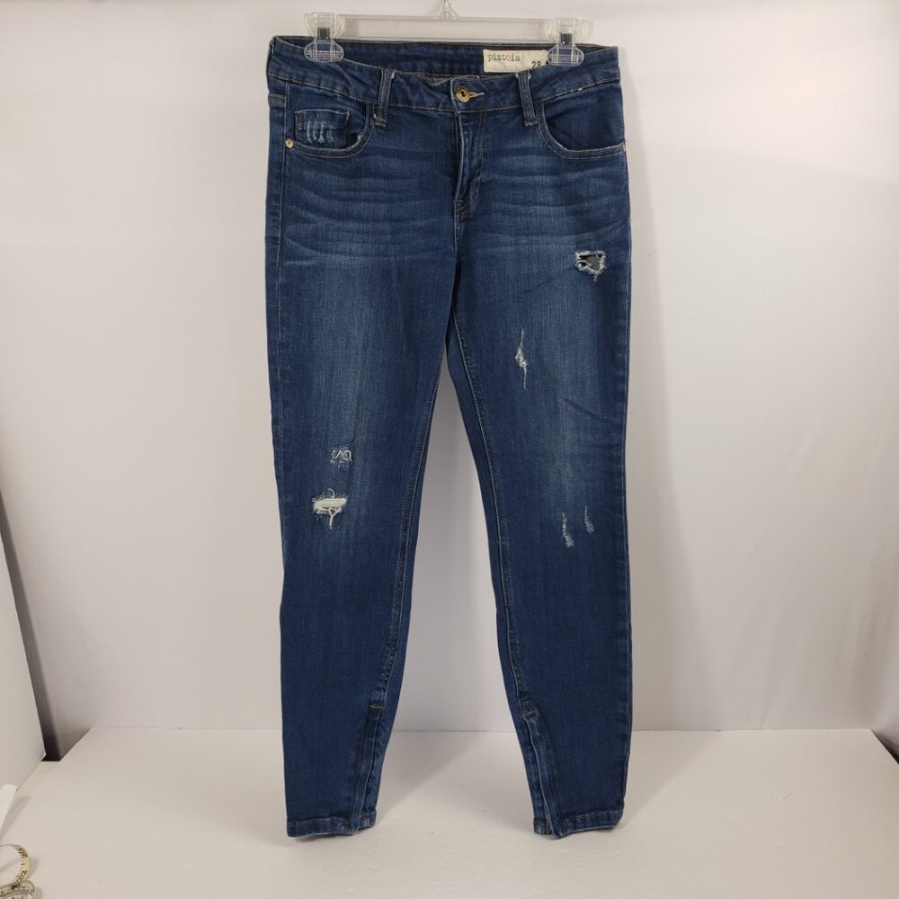 Pistola 28 Blue Ripped Distressed Low Rise Jeans Zipper Tapered Pants
